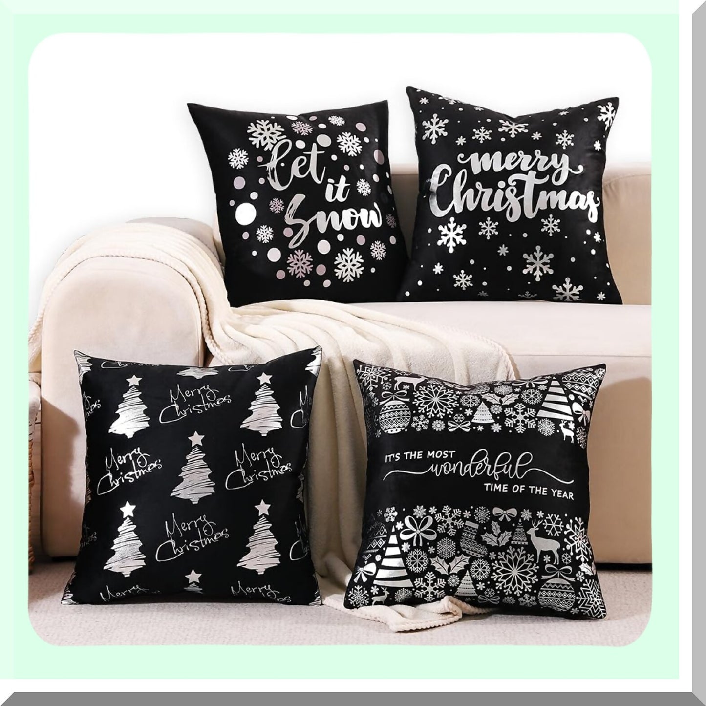 Gold Snowflake Decorative Pillow Set - Black & Gold Throw Pillow Covers 20x20 - Tree Decor Cushion Set for Home Sofa - Set of 4 Decorations