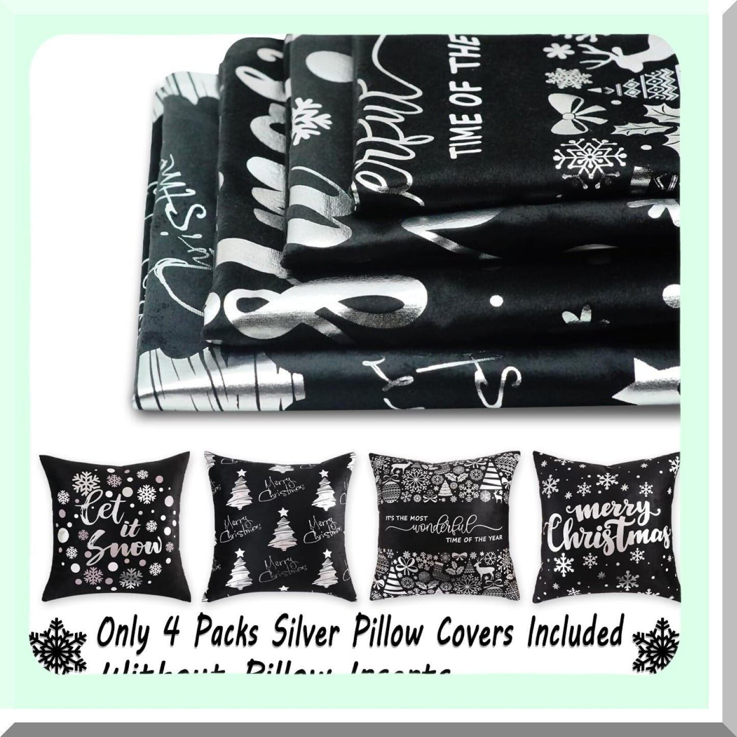 Gold Snowflake Decorative Pillow Set - Black & Gold Throw Pillow Covers 20x20 - Tree Decor Cushion Set for Home Sofa - Set of 4 Decorations