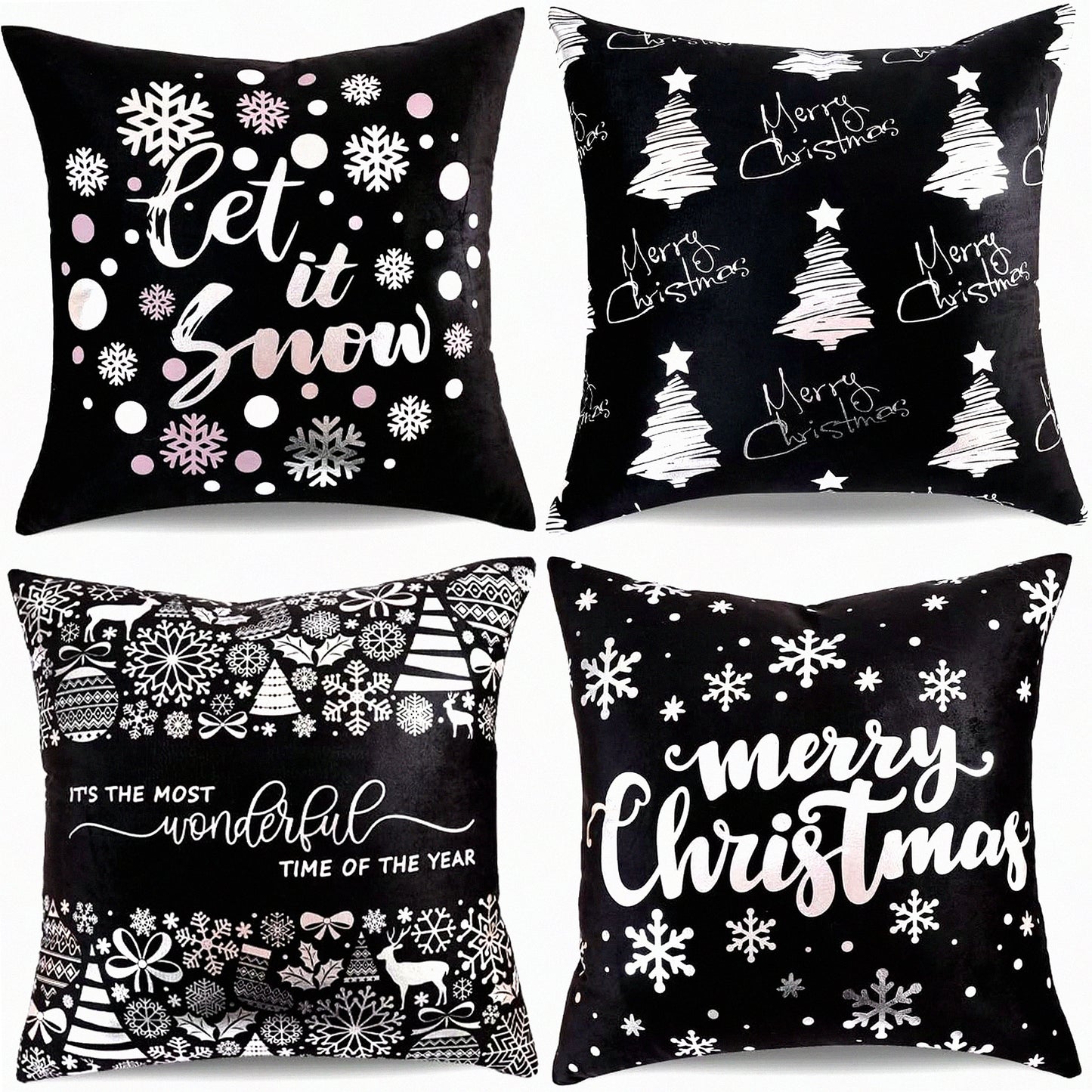 Gold Snowflake Decorative Pillow Set - Black & Gold Throw Pillow Covers 20x20 - Tree Decor Cushion Set for Home Sofa - Set of 4 Decorations