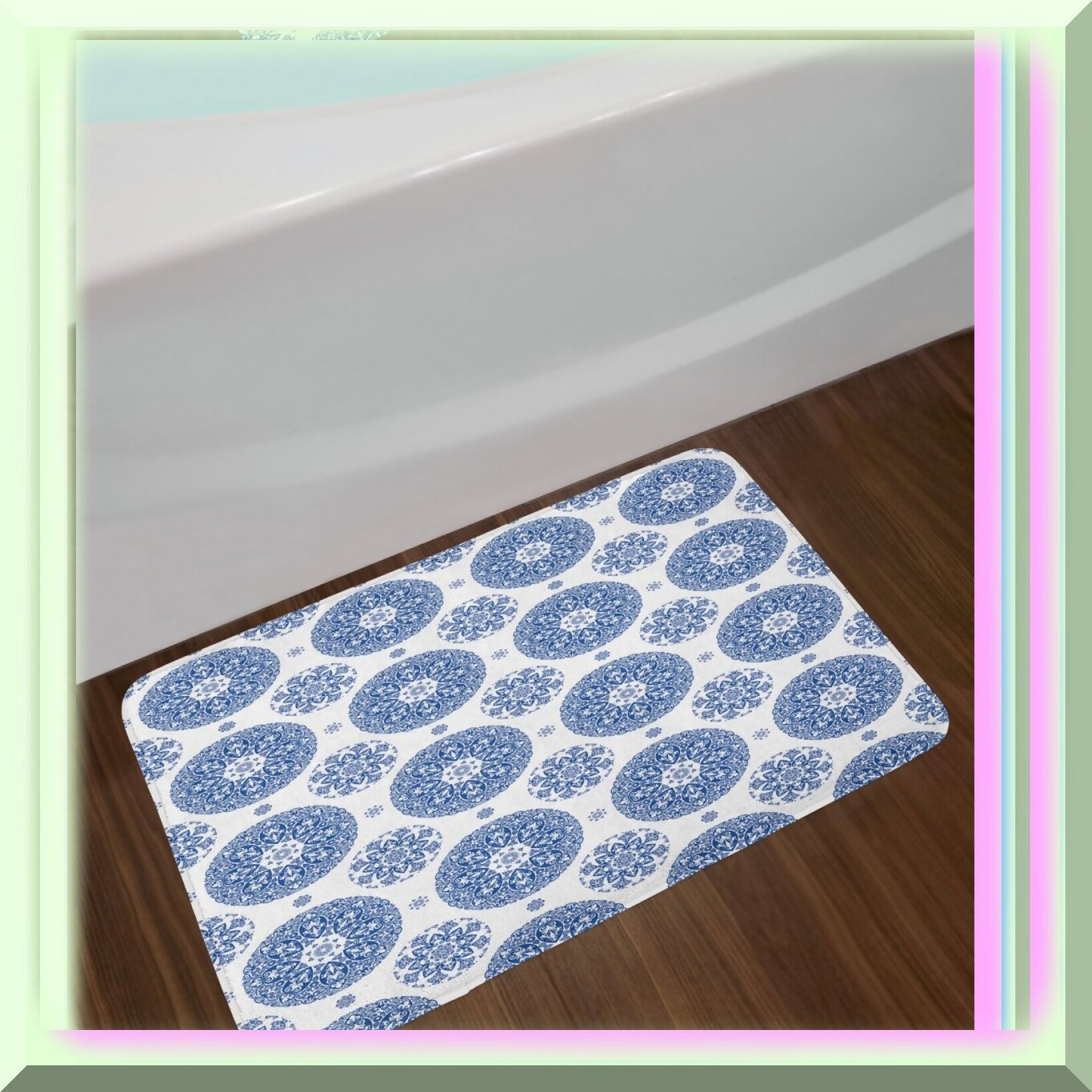 Vintage Blue White Floral Circular Bath Mat 30.2" x 20"