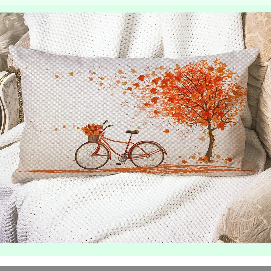 Autumn Bicycle Cotton Linen Throw Pillow Cover - Men Boys Livingroom Bedroom Sofa Cushion Cover - 12x20 Inch Orange Pillow Case