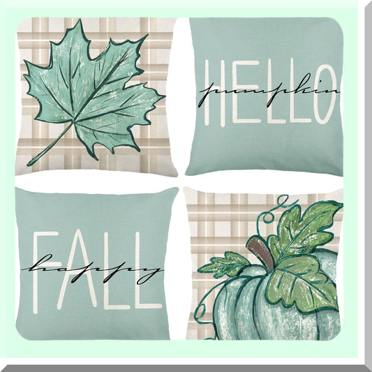 Fall Harvest Pillow Covers Set - Blue Buffalo Plaid Farmhouse Decor - Autumn Maple Leaves & Pumpkin Throw Pillow Cases - 18x18in Cushion Covers for Thanksgiving Home & Outdoor Decor - Pack of 4