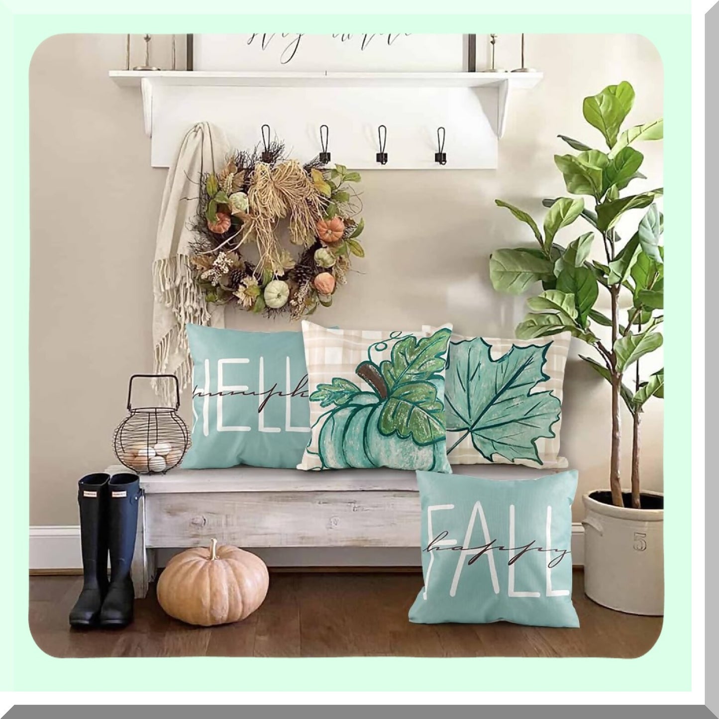 Fall Harvest Pillow Covers Set - Blue Buffalo Plaid Farmhouse Decor - Autumn Maple Leaves & Pumpkin Throw Pillow Cases - 18x18in Cushion Covers for Thanksgiving Home & Outdoor Decor - Pack of 4