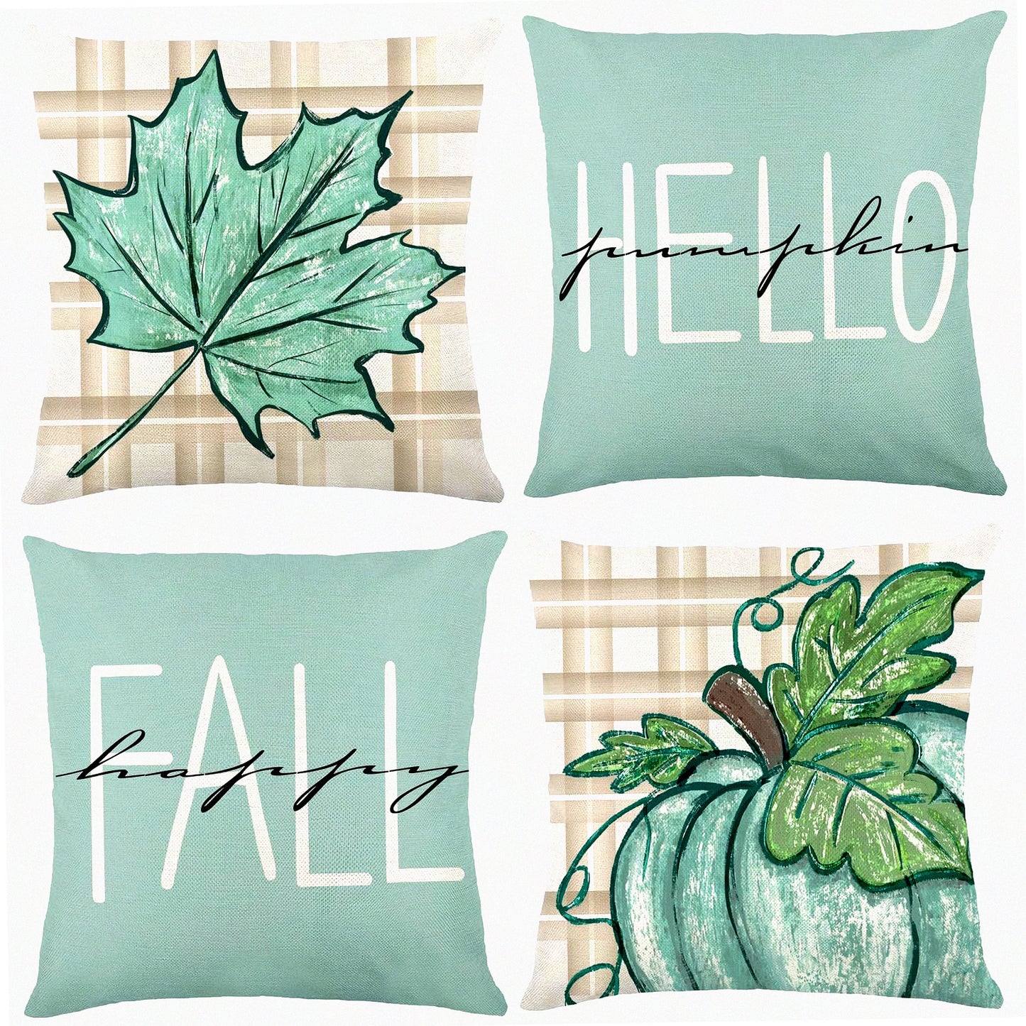 Fall Harvest Pillow Covers Set - Blue Buffalo Plaid Farmhouse Decor - Autumn Maple Leaves & Pumpkin Throw Pillow Cases - 18x18in Cushion Covers for Thanksgiving Home & Outdoor Decor - Pack of 4