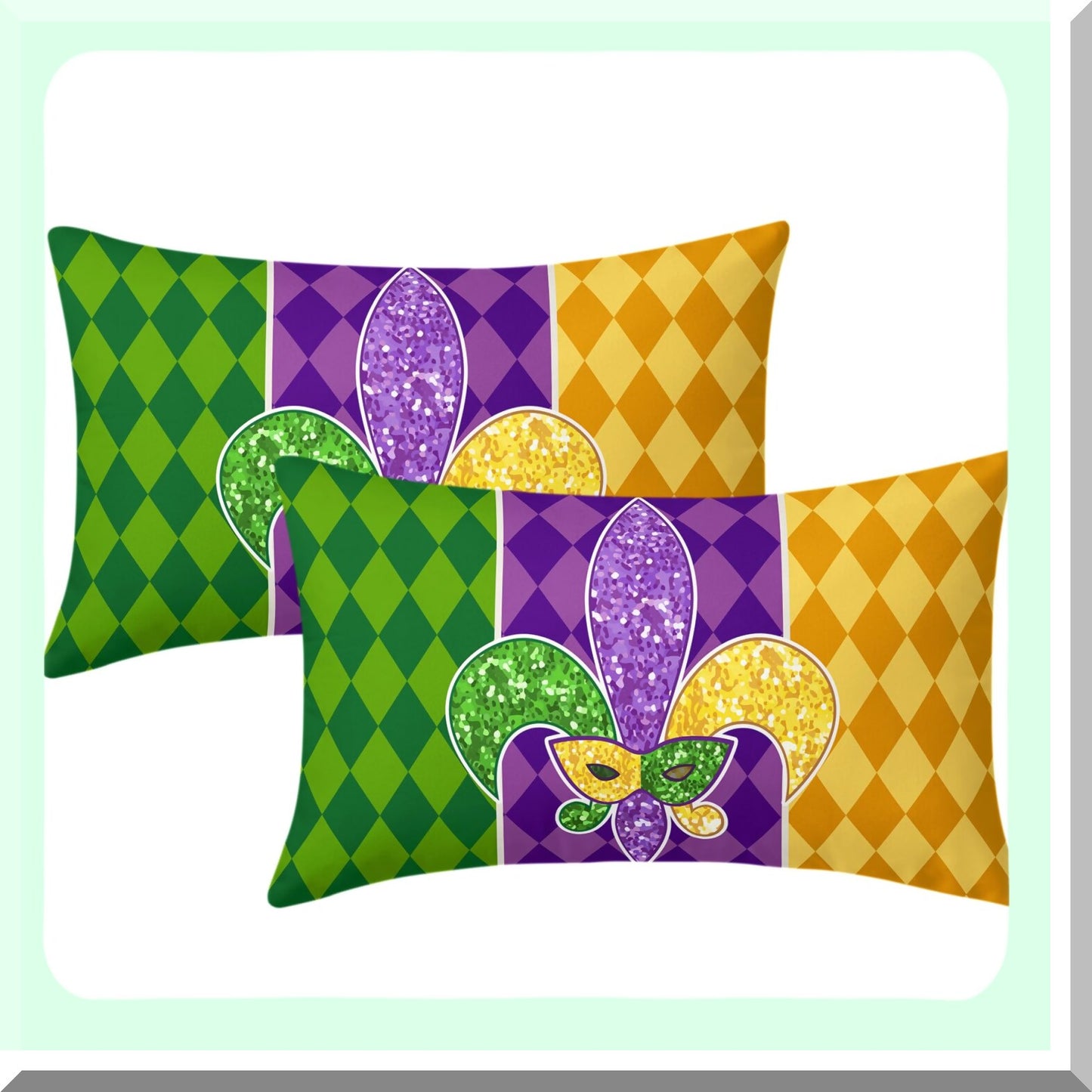 Masquerade Fleur De Lis Lumbar Pillow Set - Mardi Gras Holiday Party Decor - Yellow Purple Green Throw Pillow Covers - Sofa Home Decorations - 12X20 Inch - Set of 2