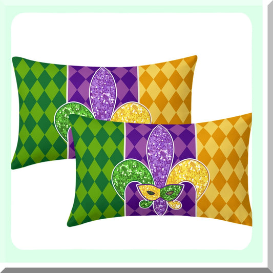 Masquerade Fleur De Lis Lumbar Pillow Set - Mardi Gras Holiday Party Decor - Yellow Purple Green Throw Pillow Covers - Sofa Home Decorations - 12X20 Inch - Set of 2