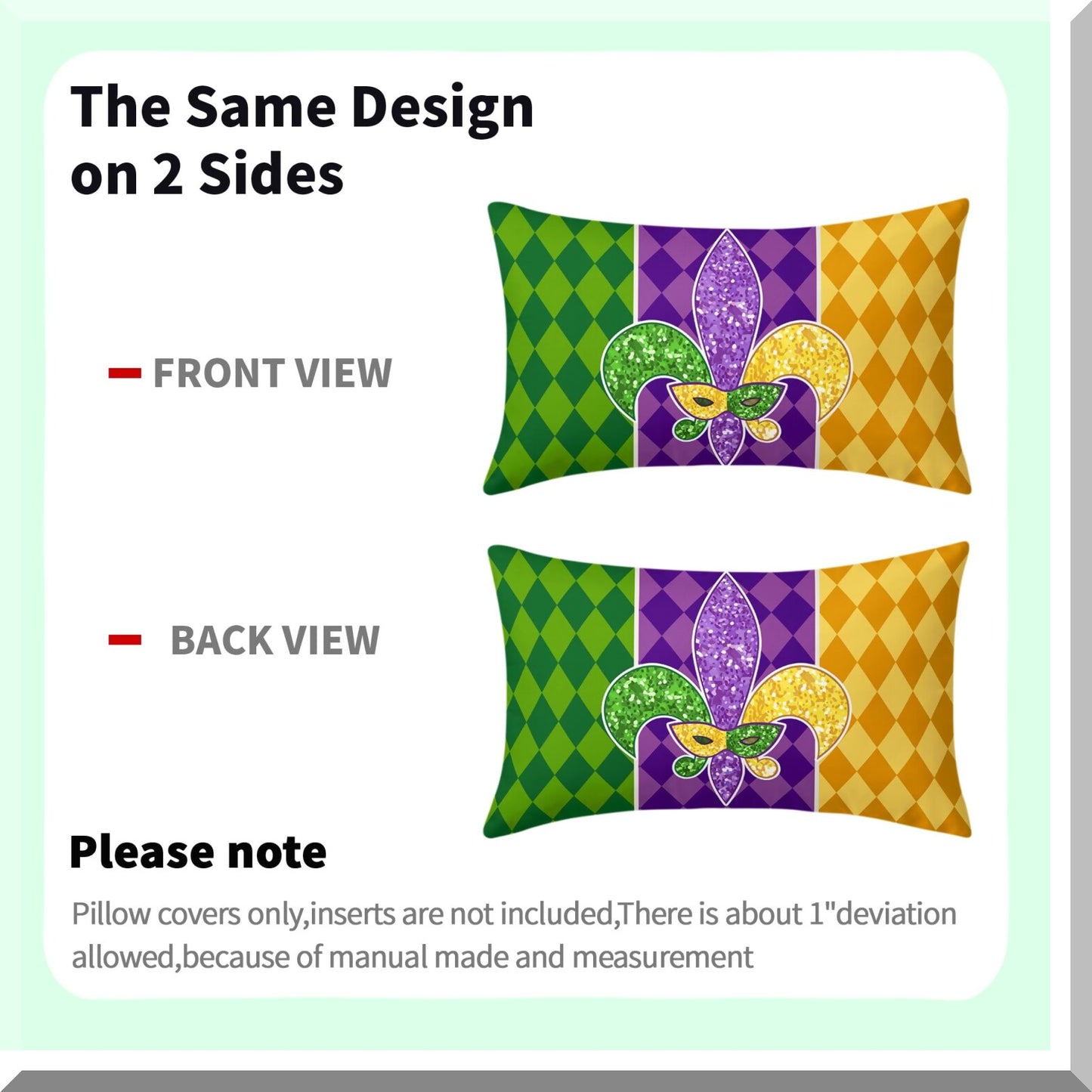 Masquerade Fleur De Lis Lumbar Pillow Set - Mardi Gras Holiday Party Decor - Yellow Purple Green Throw Pillow Covers - Sofa Home Decorations - 12X20 Inch - Set of 2