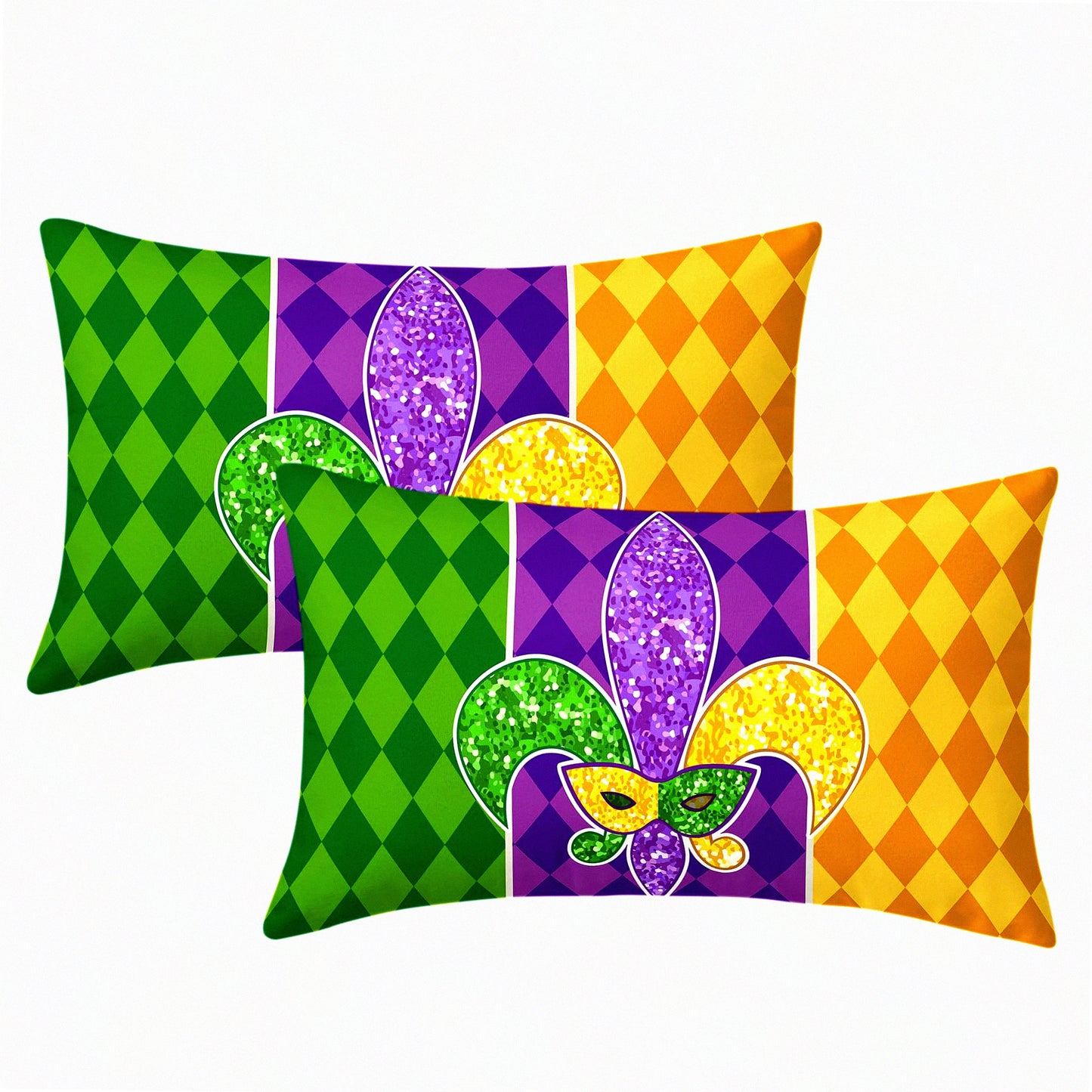 Masquerade Fleur De Lis Lumbar Pillow Set - Mardi Gras Holiday Party Decor - Yellow Purple Green Throw Pillow Covers - Sofa Home Decorations - 12X20 Inch - Set of 2