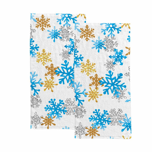 Blue Golden Snowflakes Hand Towels Set 2 30x15 inches
