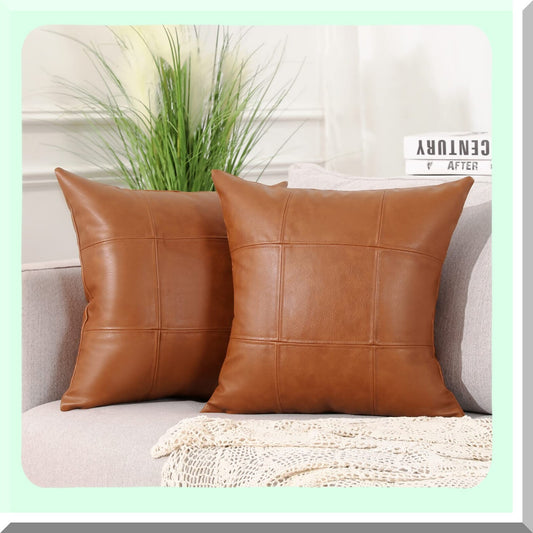 Luxury Plaid Vegan Leather Pillow Covers - Set of 2 Modern Hand Stitched Decorative Cushion Cases for Couch Sofa Bed Farmhouse, Outdoor Pillowcases 18x18 Inches Brown