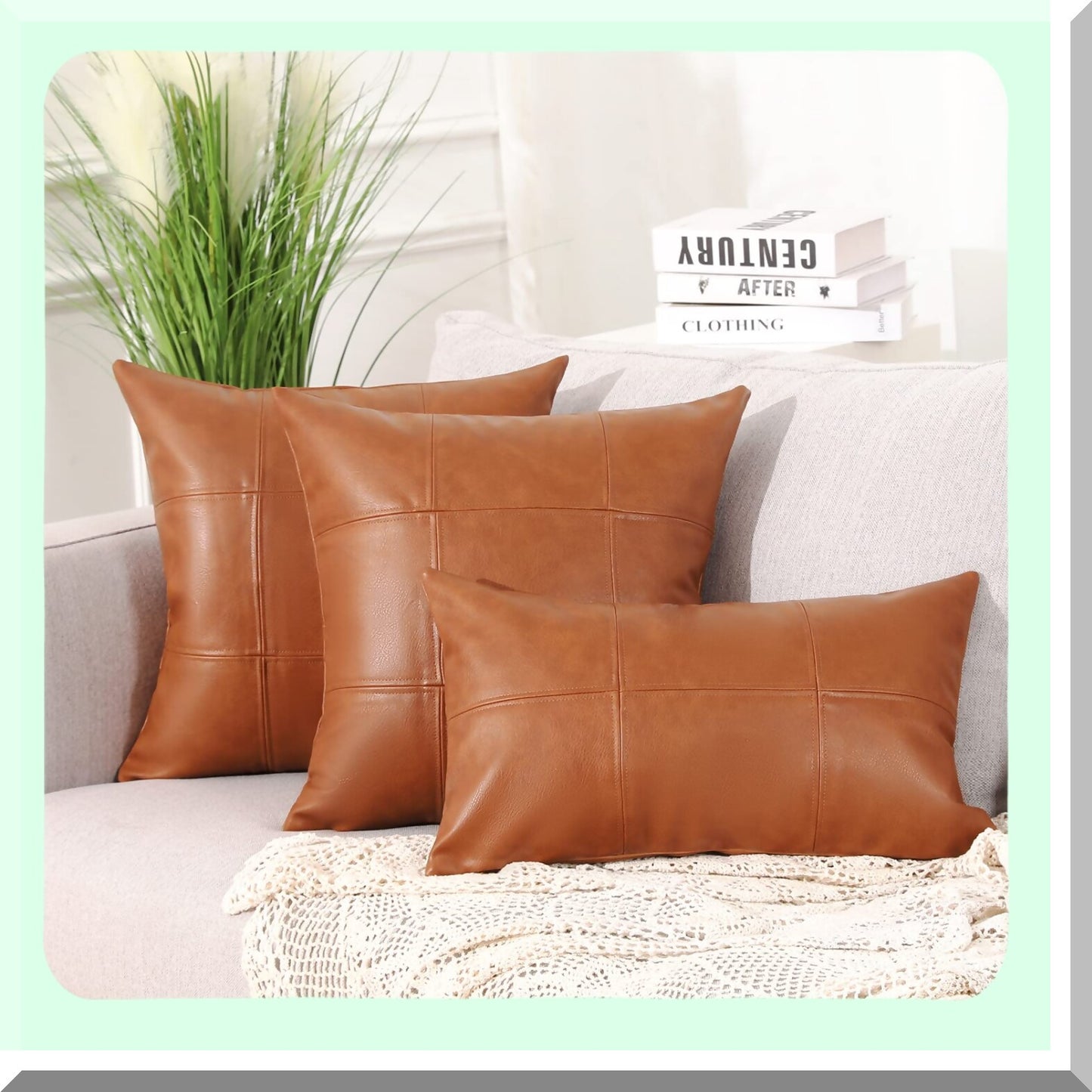 Luxury Plaid Vegan Leather Pillow Covers - Set of 2 Modern Hand Stitched Decorative Cushion Cases for Couch Sofa Bed Farmhouse, Outdoor Pillowcases 18x18 Inches Brown