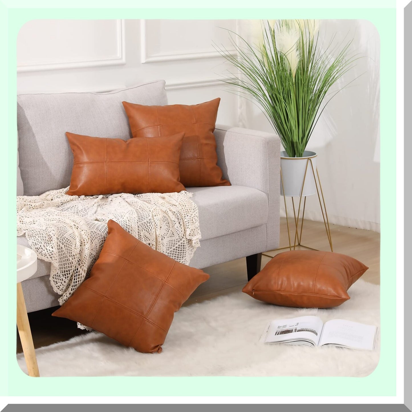 Luxury Plaid Vegan Leather Pillow Covers - Set of 2 Modern Hand Stitched Decorative Cushion Cases for Couch Sofa Bed Farmhouse, Outdoor Pillowcases 18x18 Inches Brown