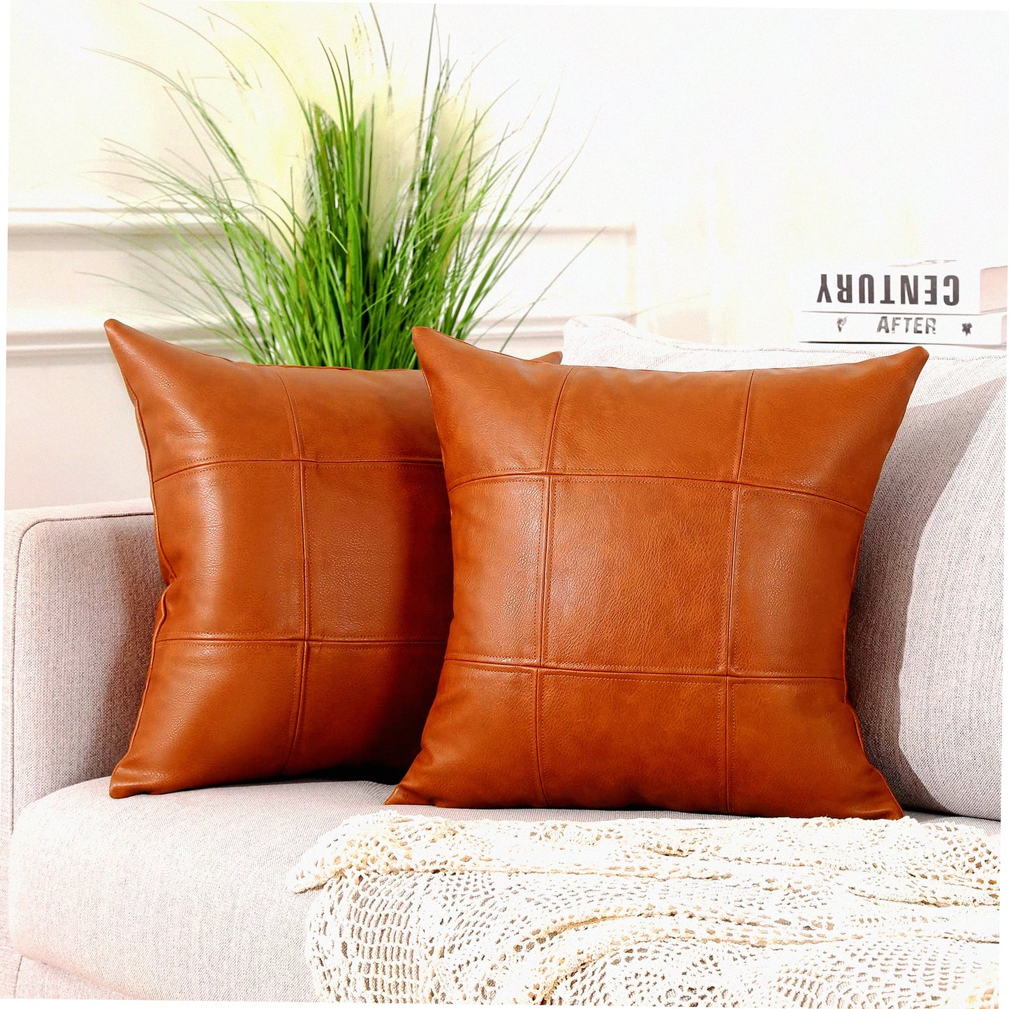 Luxury Plaid Vegan Leather Pillow Covers - Set of 2 Modern Hand Stitched Decorative Cushion Cases for Couch Sofa Bed Farmhouse, Outdoor Pillowcases 18x18 Inches Brown