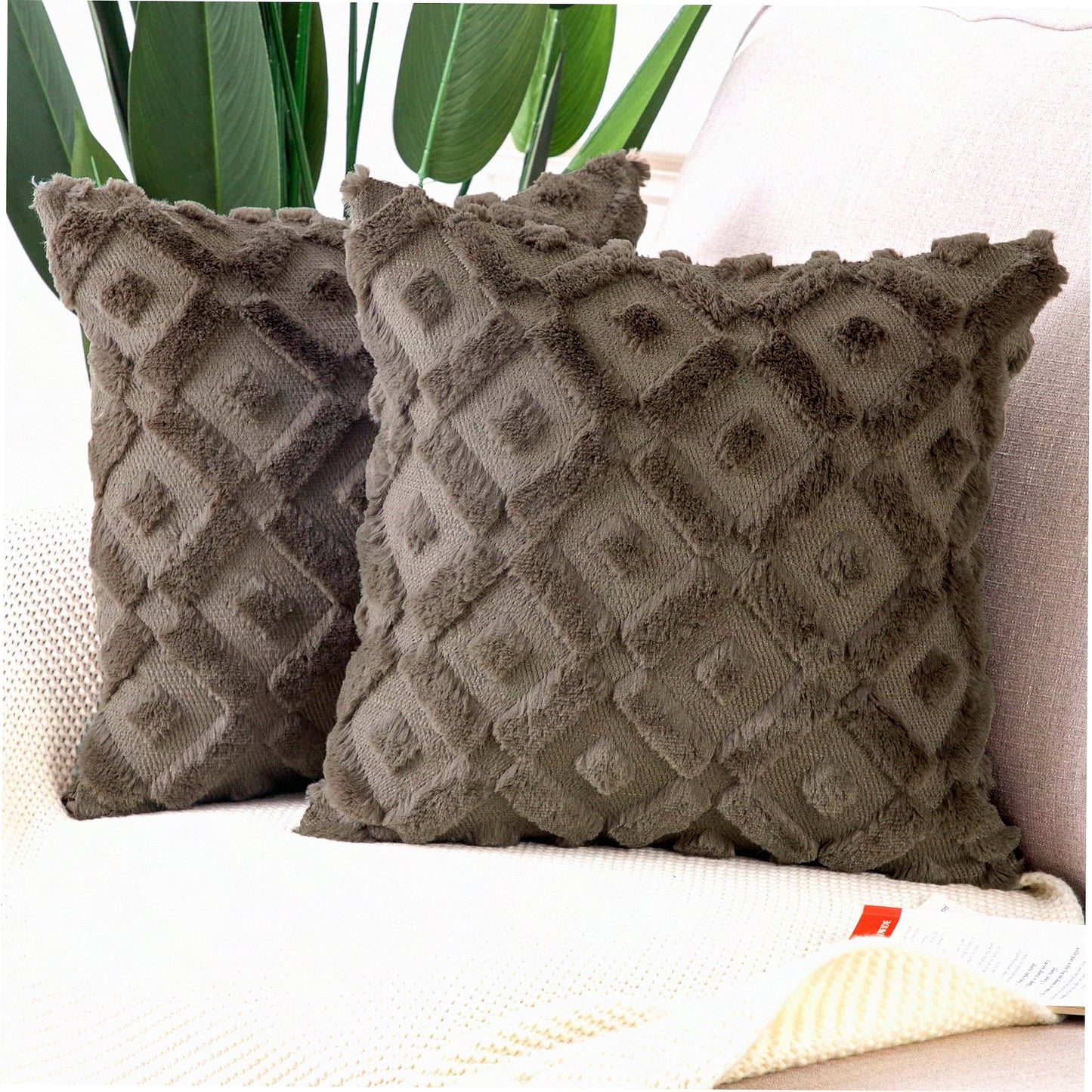 SuperPlush Taupe Wool Throw Pillow Covers - Set of 2 | 26x26 Inch Square Decorative Velvet Cushion Cover for Sofa, Bedroom, Living Room | Soft & Cozy Pillow Shell