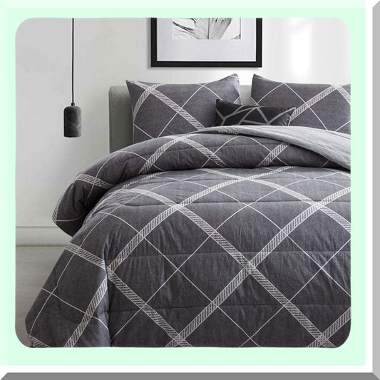 CozyCotton All Season Queen Comforter Set - Soft Microfiber Filled Bedding, Lightweight Reversible Duvet Insert in Grey & White - 3-Piece MY005