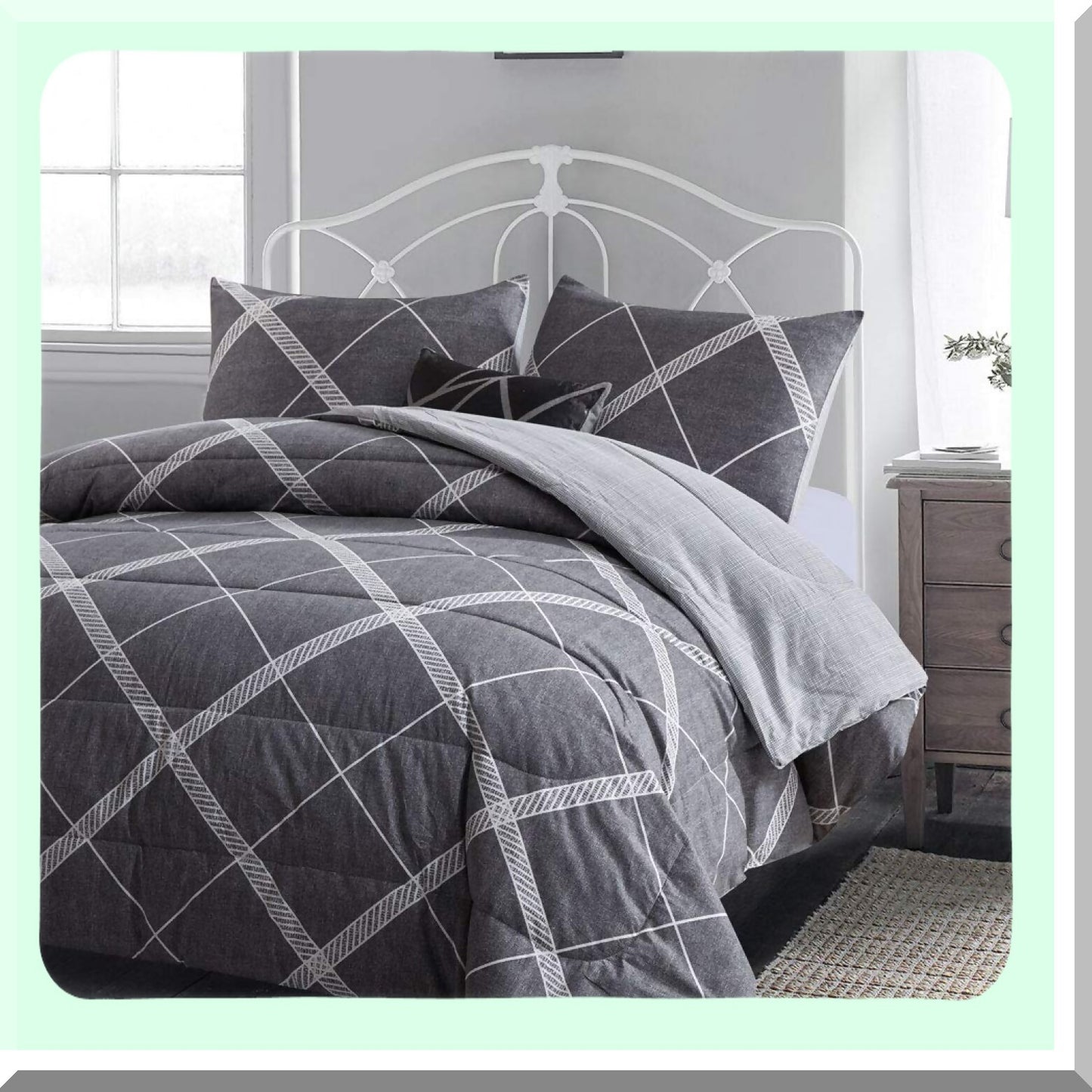 CozyCotton All Season Queen Comforter Set - Soft Microfiber Filled Bedding, Lightweight Reversible Duvet Insert in Grey & White - 3-Piece MY005