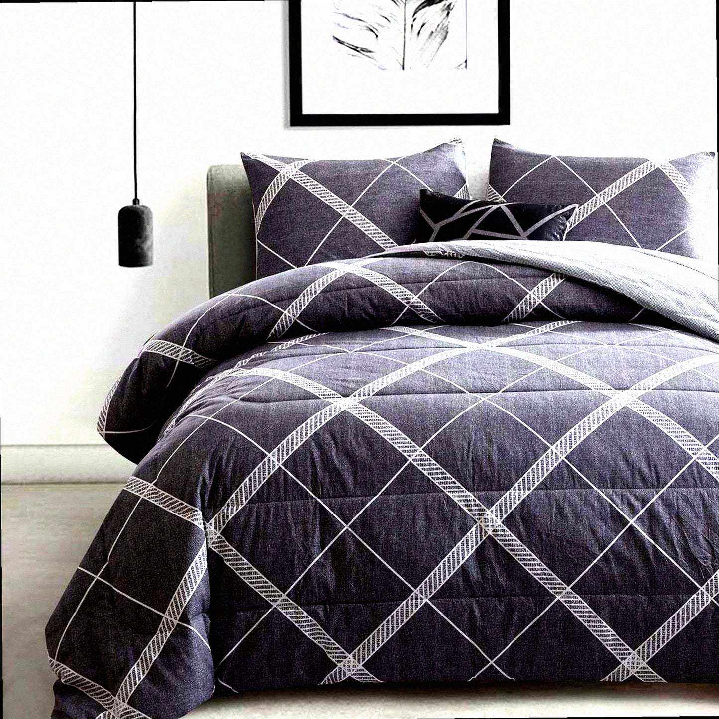 CozyCotton All Season Queen Comforter Set - Soft Microfiber Filled Bedding, Lightweight Reversible Duvet Insert in Grey & White - 3-Piece MY005