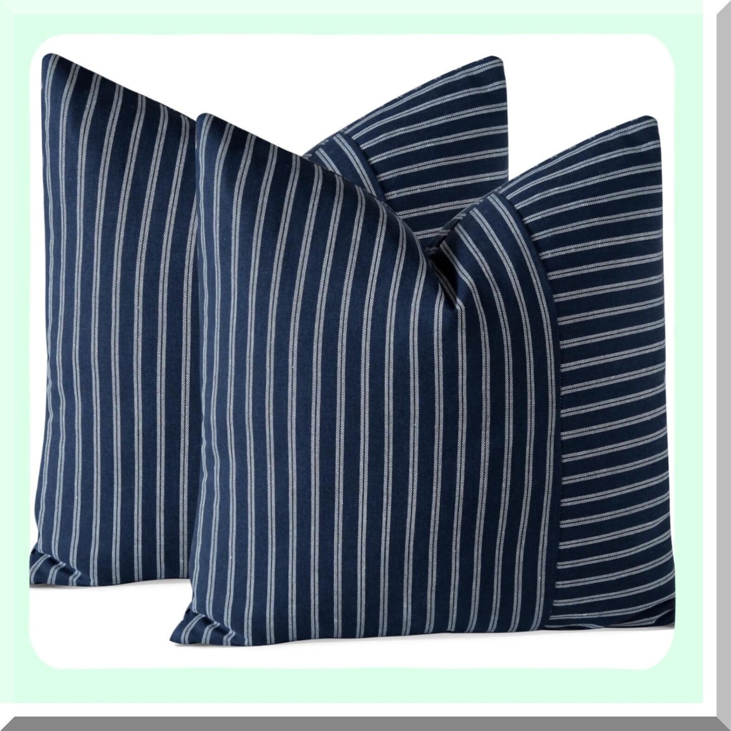 Striped Farmhouse Patchwork Pillow Covers - Set of 2 Modern Accent Cushion Cases for Couch, Sofa, Bedroom, Living Room - 18x18 Inch Square Decor - White Navy