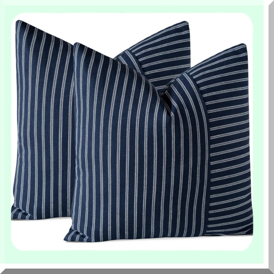 Striped Farmhouse Patchwork Pillow Covers - Set of 2 Modern Accent Cushion Cases for Couch, Sofa, Bedroom, Living Room - 18x18 Inch Square Decor - White Navy