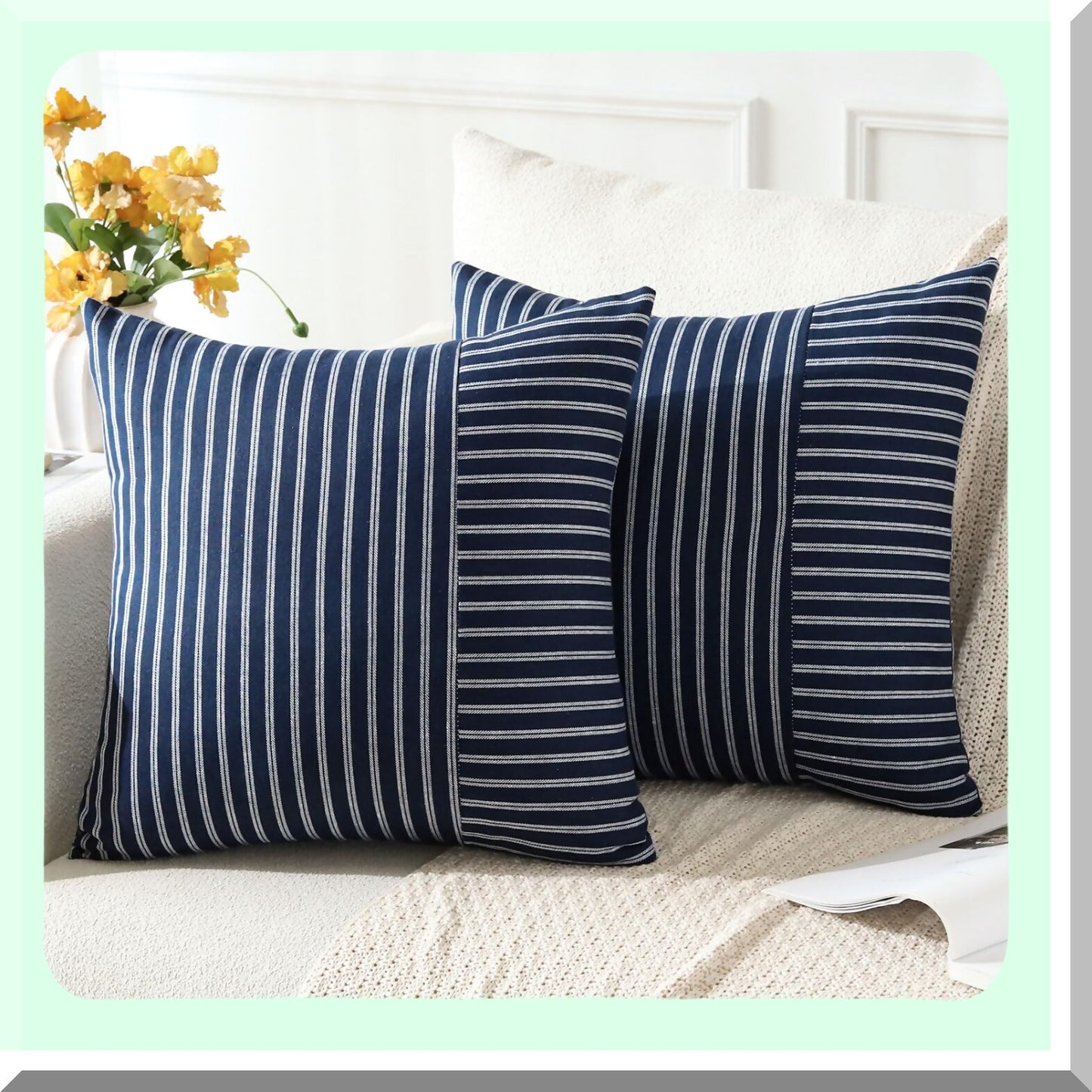 Striped Farmhouse Patchwork Pillow Covers - Set of 2 Modern Accent Cushion Cases for Couch, Sofa, Bedroom, Living Room - 18x18 Inch Square Decor - White Navy