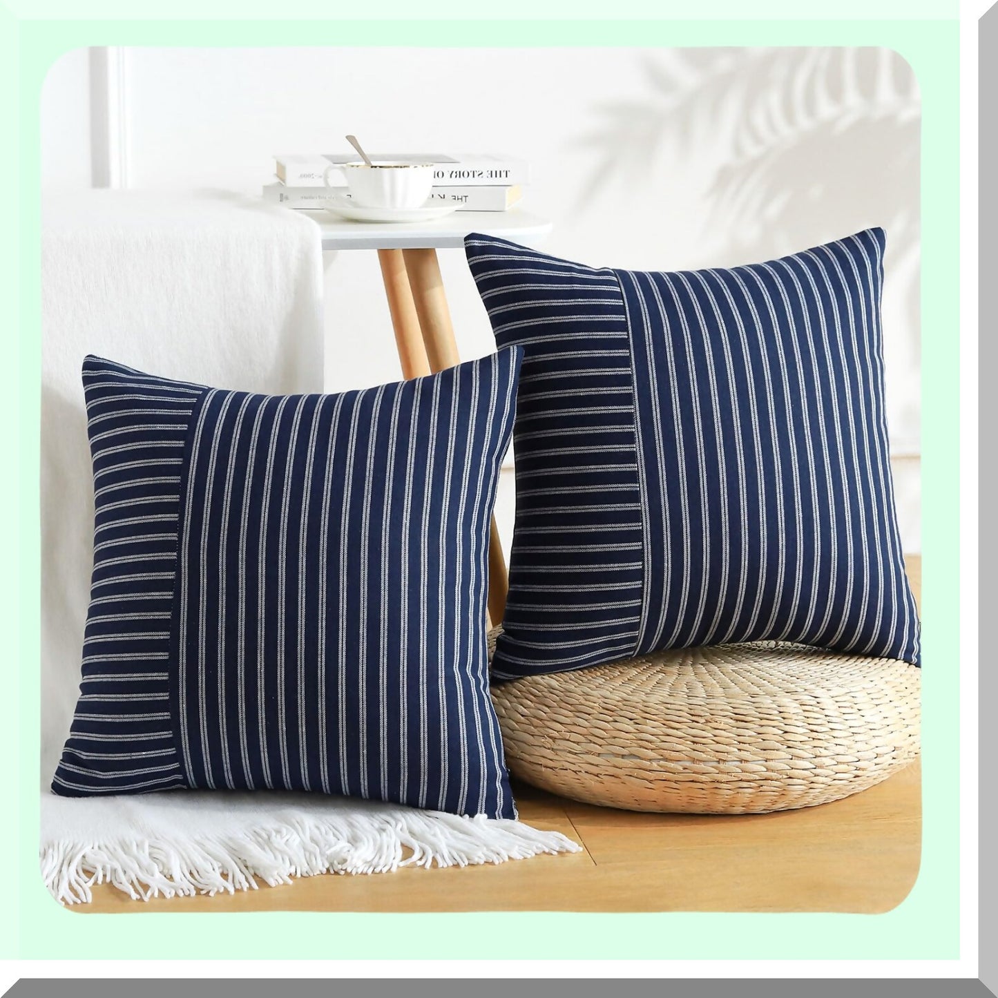 Striped Farmhouse Patchwork Pillow Covers - Set of 2 Modern Accent Cushion Cases for Couch, Sofa, Bedroom, Living Room - 18x18 Inch Square Decor - White Navy