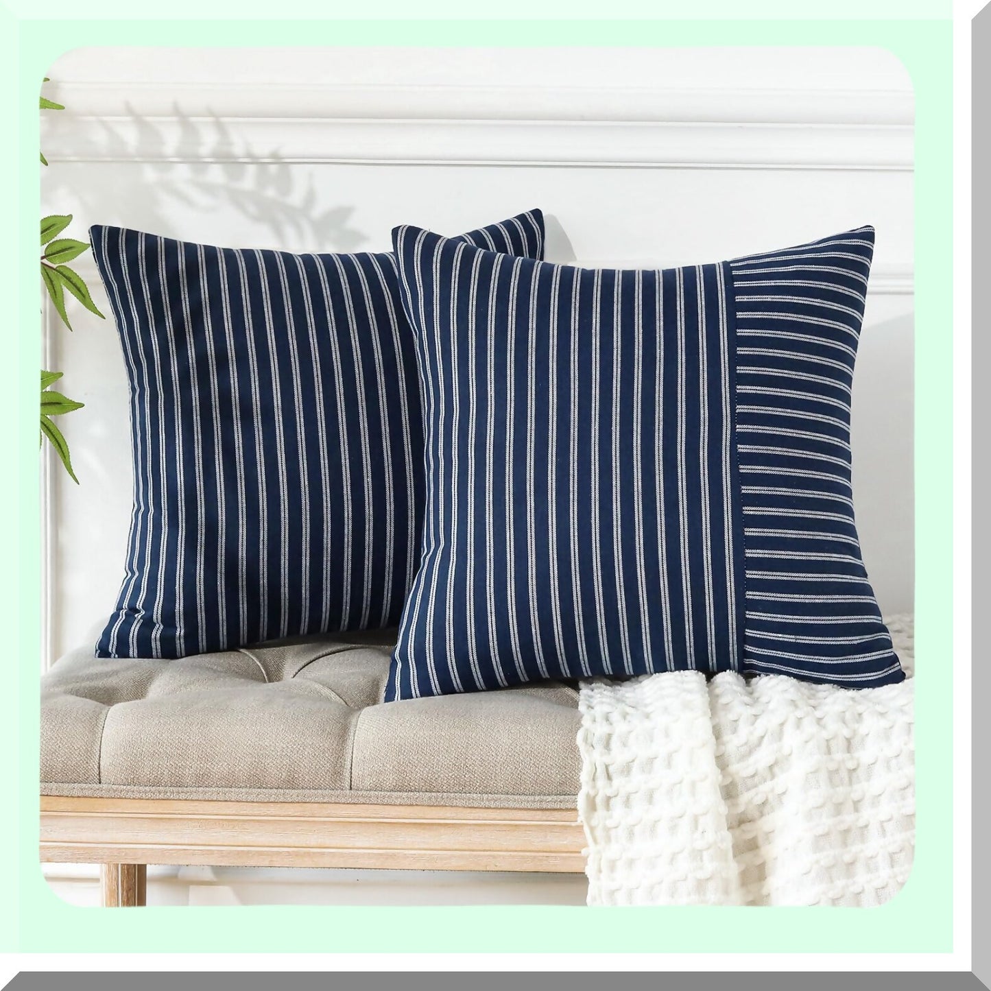 Striped Farmhouse Patchwork Pillow Covers - Set of 2 Modern Accent Cushion Cases for Couch, Sofa, Bedroom, Living Room - 18x18 Inch Square Decor - White Navy