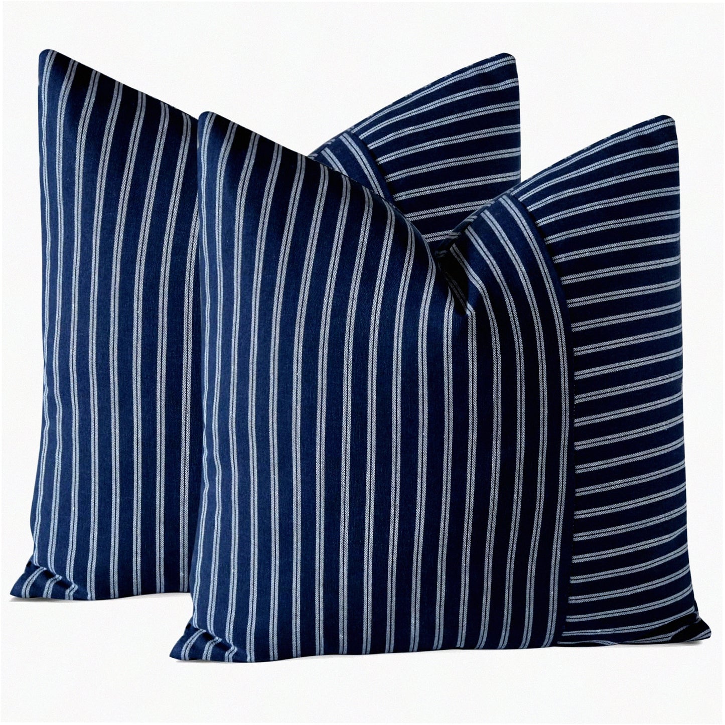 Striped Farmhouse Patchwork Pillow Covers - Set of 2 Modern Accent Cushion Cases for Couch, Sofa, Bedroom, Living Room - 18x18 Inch Square Decor - White Navy