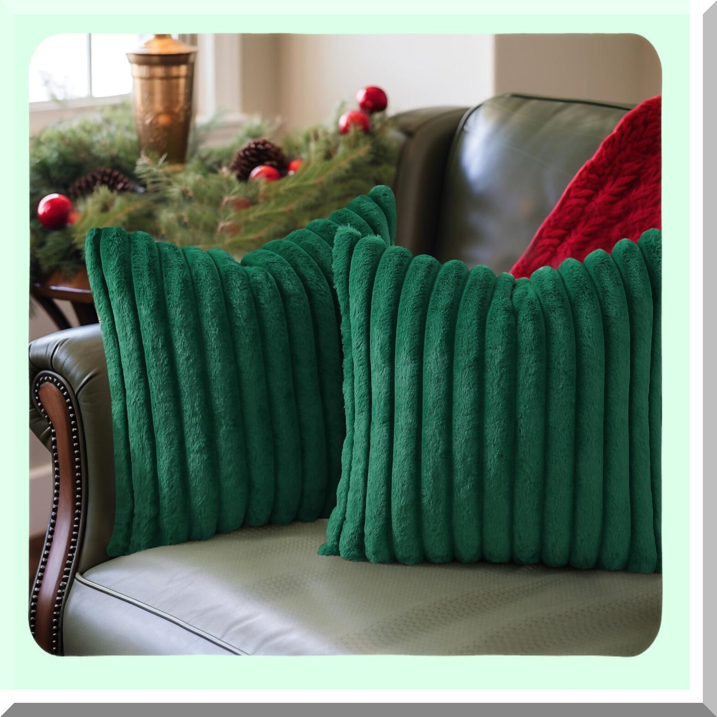 Luxury Fluffy Green Striped Pillow Covers - Set of 2 | Soft Plush Decorative Cushion Covers for Sofa, Couch, Living Room - 18x18