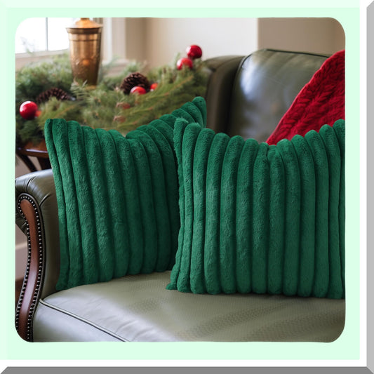 Luxury Fluffy Green Striped Pillow Covers - Set of 2 | Soft Plush Decorative Cushion Covers for Sofa, Couch, Living Room - 18x18
