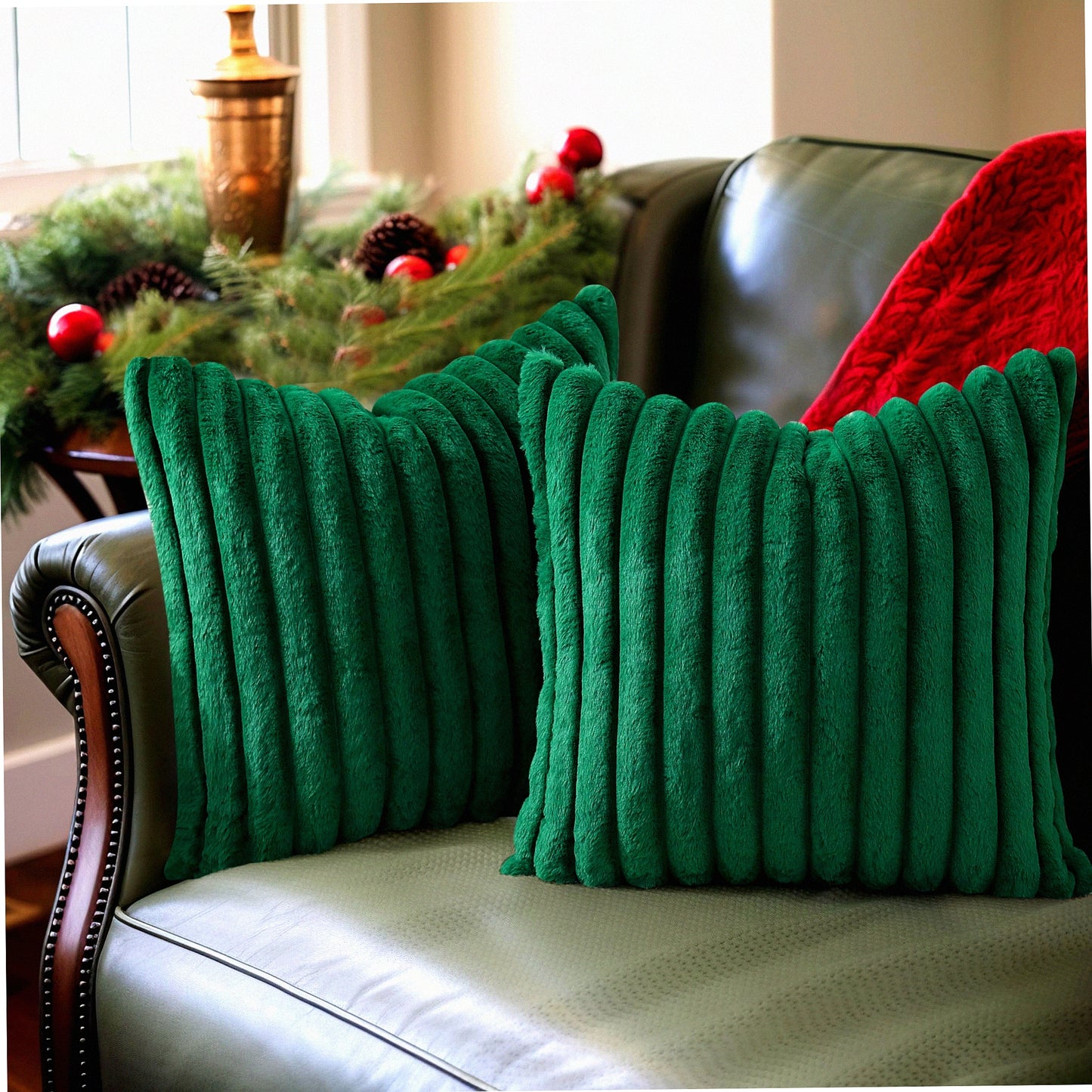Luxury Fluffy Green Striped Pillow Covers - Set of 2 | Soft Plush Decorative Cushion Covers for Sofa, Couch, Living Room - 18x18