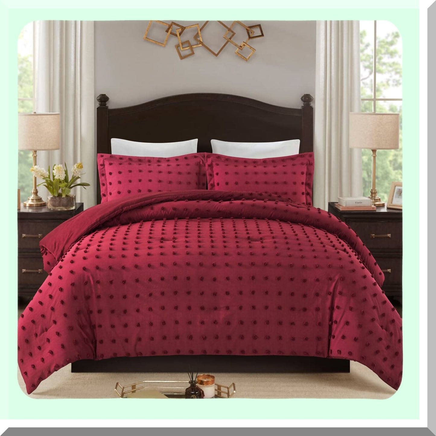 Burgundy Jacquard Tufted Dot Comforter Set - Soft Comfort Bedding - 3 Piece All Season Bedroom Set with Pillowcases - Size Comfort