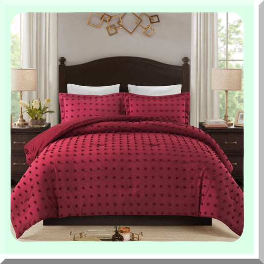 Burgundy Jacquard Tufted Dot Comforter Set - Soft Comfort Bedding - 3 Piece All Season Bedroom Set with Pillowcases - Size Comfort