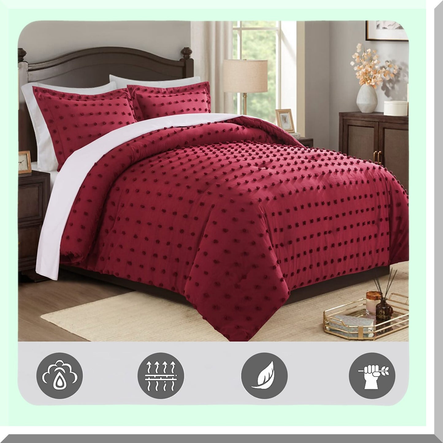 Burgundy Jacquard Tufted Dot Comforter Set - Soft Comfort Bedding - 3 Piece All Season Bedroom Set with Pillowcases - Size Comfort