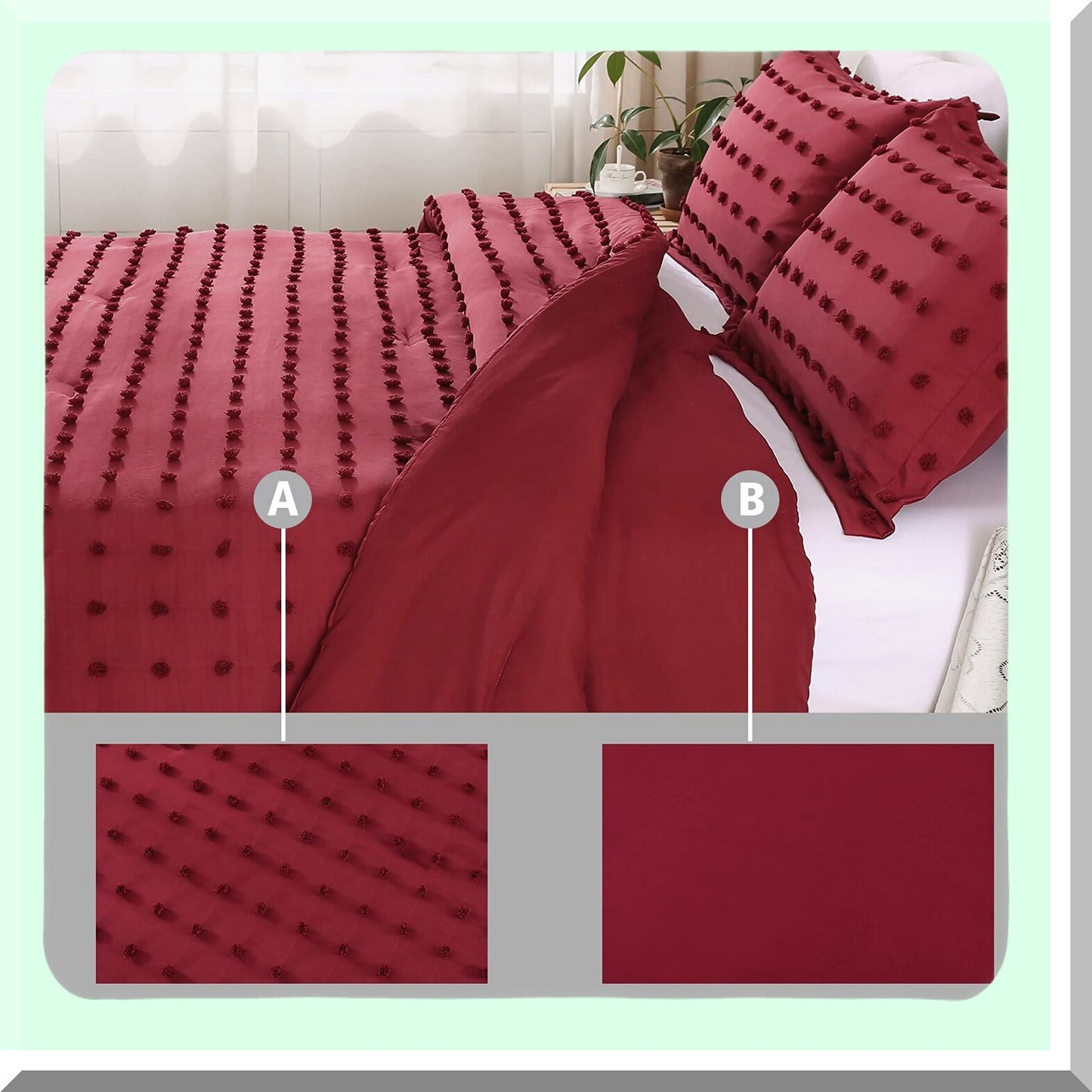 Burgundy Jacquard Tufted Dot Comforter Set - Soft Comfort Bedding - 3 Piece All Season Bedroom Set with Pillowcases - Size Comfort