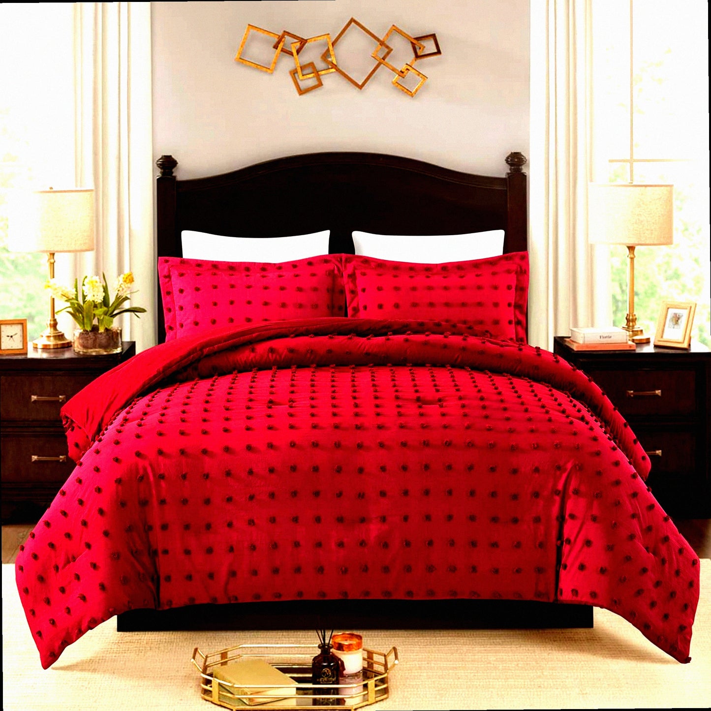 Burgundy Jacquard Tufted Dot Comforter Set - Soft Comfort Bedding - 3 Piece All Season Bedroom Set with Pillowcases - Size Comfort
