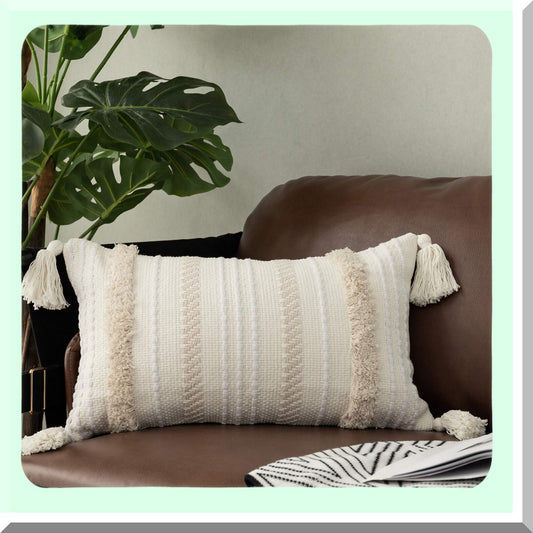 Boho Tufted Neutral Throw Pillow - Sofa & Bedroom Decor Cover - 12x20 Couch Cushion Case - Soft Textured Accent Pillow - Home Furnishing Accessory
