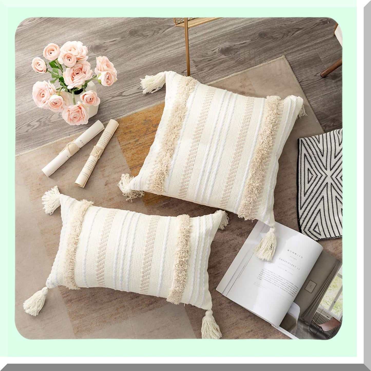 Boho Tufted Neutral Throw Pillow - Sofa & Bedroom Decor Cover - 12x20 Couch Cushion Case - Soft Textured Accent Pillow - Home Furnishing Accessory