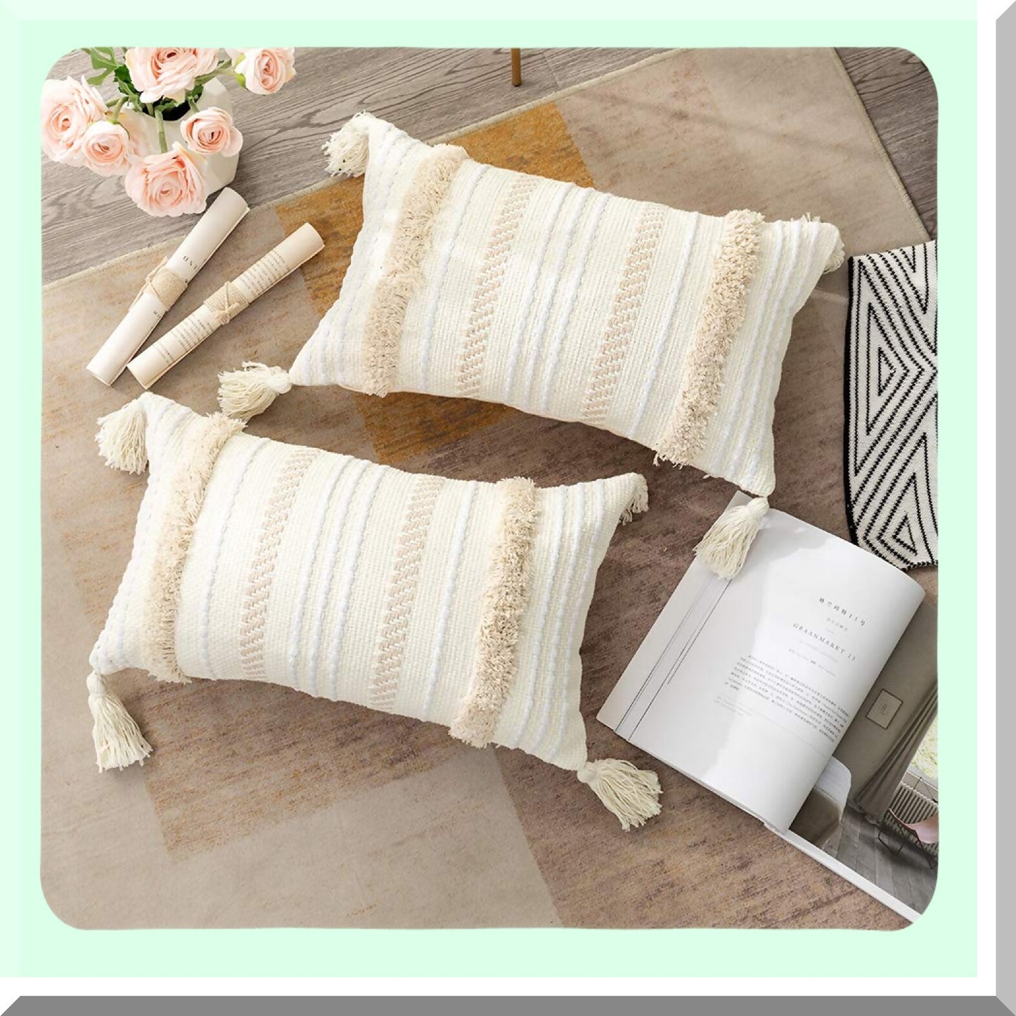 Boho Tufted Neutral Throw Pillow - Sofa & Bedroom Decor Cover - 12x20 Couch Cushion Case - Soft Textured Accent Pillow - Home Furnishing Accessory