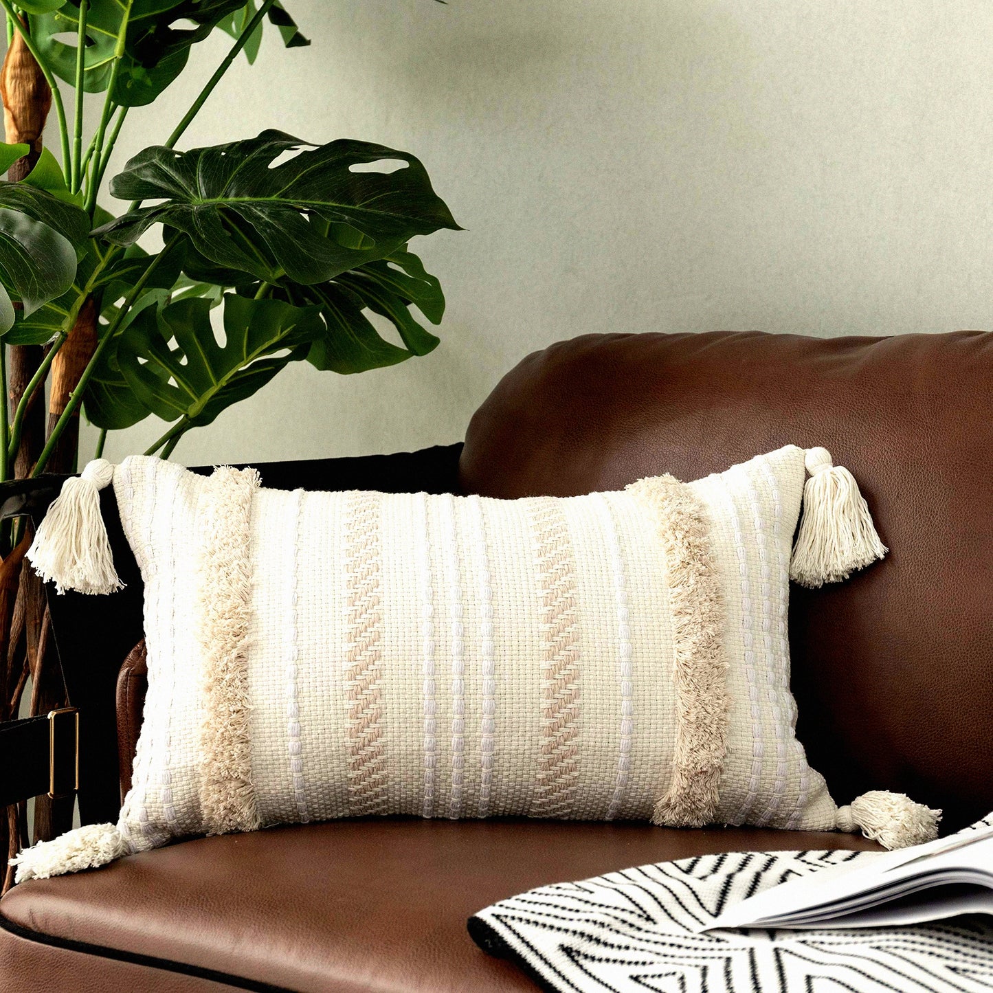 Boho Tufted Neutral Throw Pillow - Sofa & Bedroom Decor Cover - 12x20 Couch Cushion Case - Soft Textured Accent Pillow - Home Furnishing Accessory