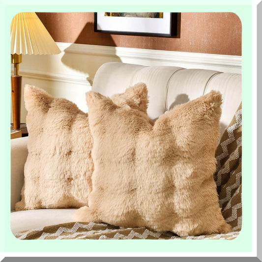 Rabbit Cozy 3D Fuzzy Pillow Covers - Set of 2 Super Soft Cushion Cases for Couch Sofa & Bedroom, 18 x 18-Inch Camel - Dense & Plush