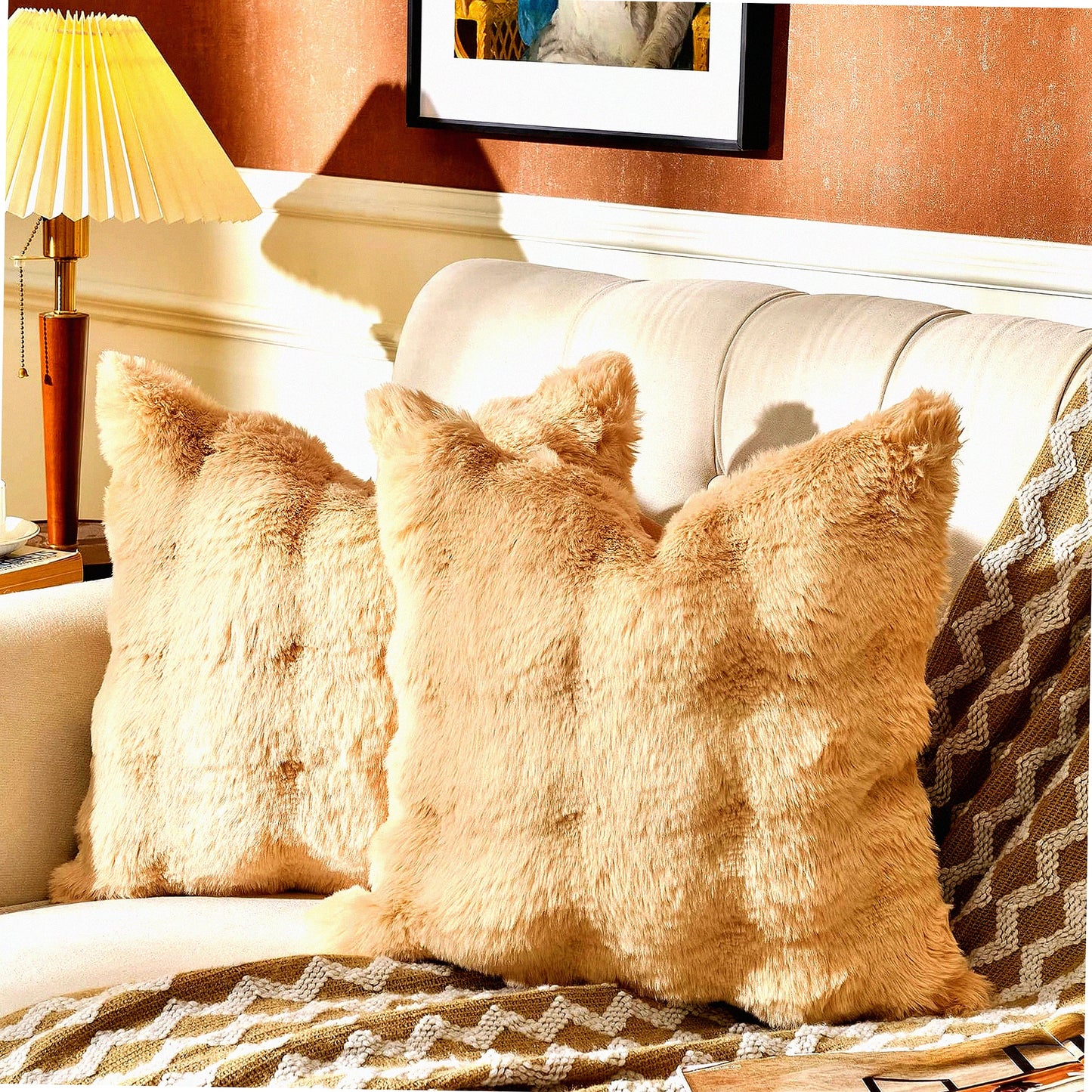 Rabbit Cozy 3D Fuzzy Pillow Covers - Set of 2 Super Soft Cushion Cases for Couch Sofa & Bedroom, 18 x 18-Inch Camel - Dense & Plush