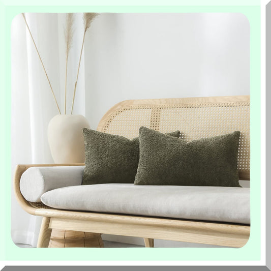 Rustic Farmhouse Textured Throw Pillow Covers Set of 2 - 12x20 Decorative Cushion Cases for Bed & Couch, Neutral Olive Green Accent Pillows for Living Room