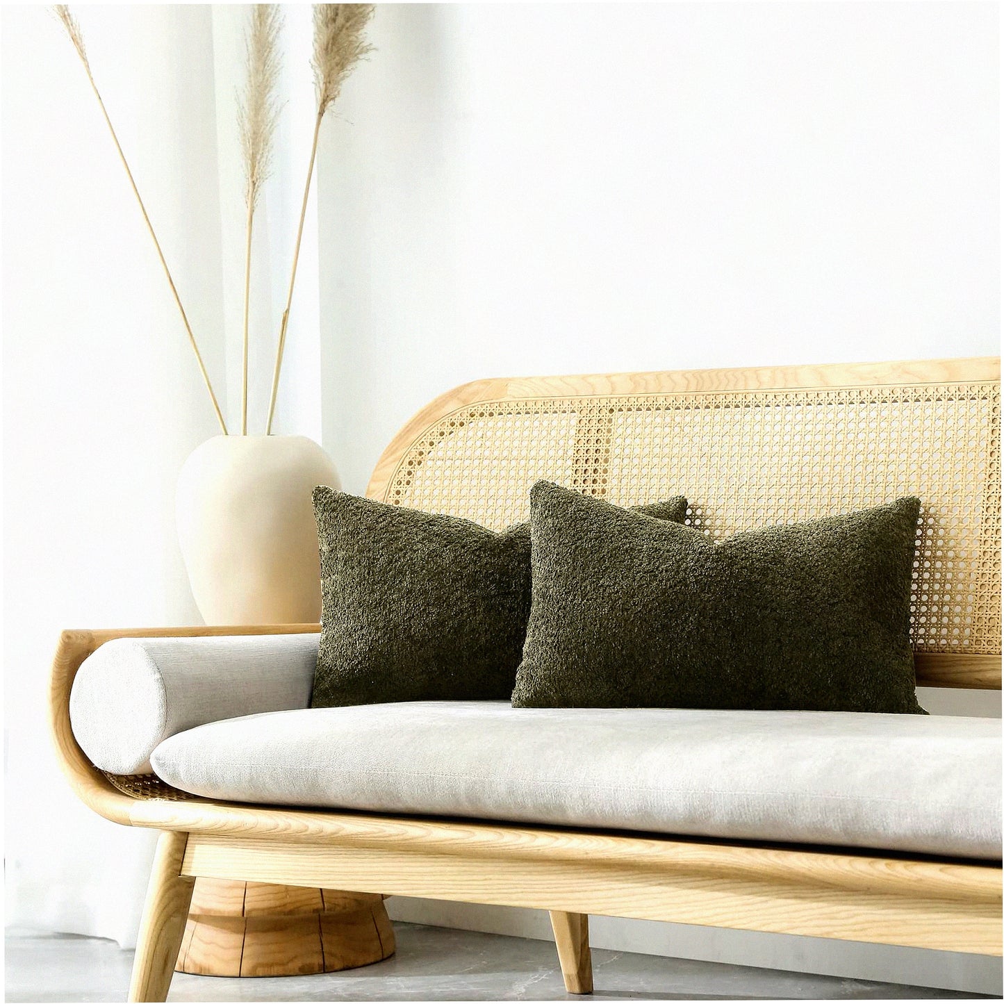 Rustic Farmhouse Textured Throw Pillow Covers Set of 2 - 12x20 Decorative Cushion Cases for Bed & Couch, Neutral Olive Green Accent Pillows for Living Room