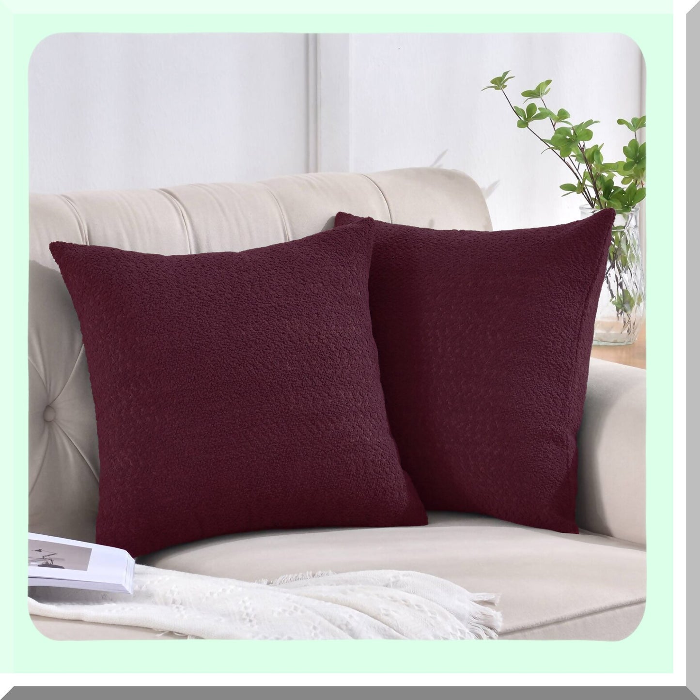Boucle Bliss Decorative Pillow Covers - Set of 2 Elegant Accent Cases for Couch & Bed, Cozy Textured Throw Pillows 20"x20" Burgundy - Living Room Décor