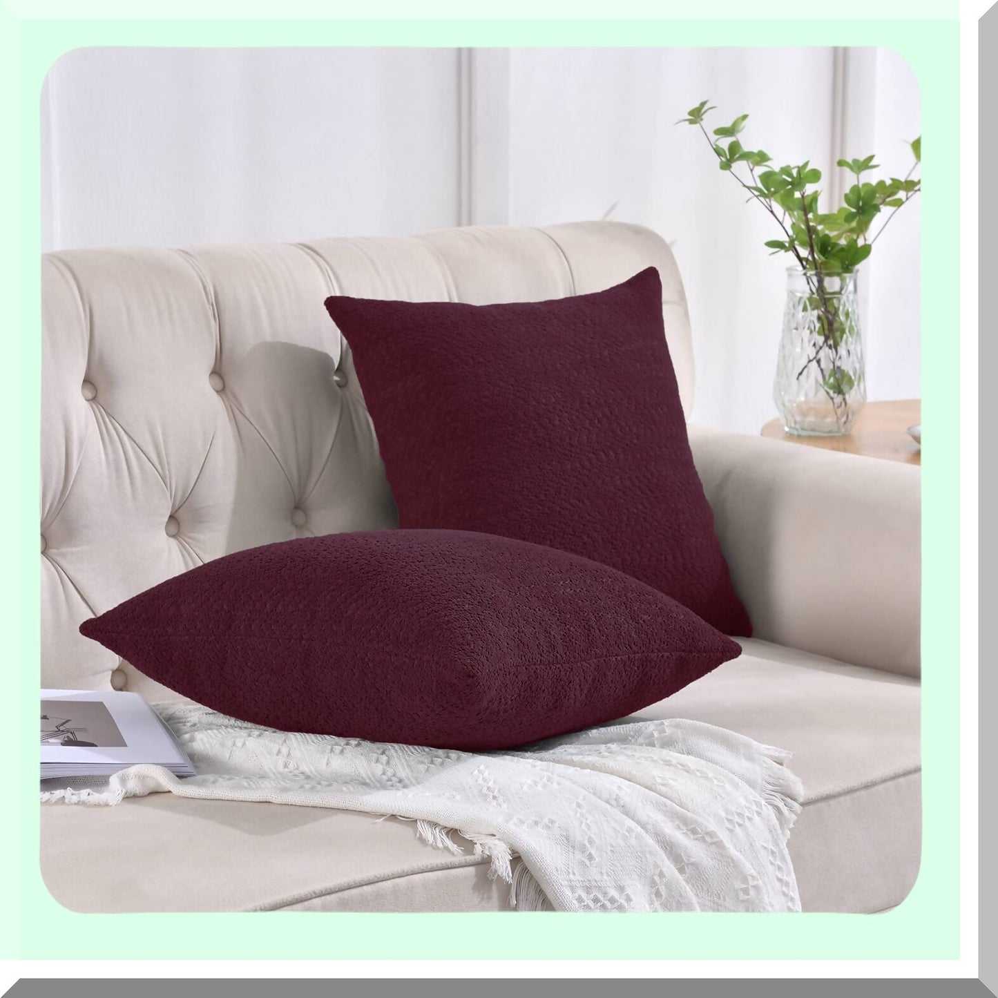 Boucle Bliss Decorative Pillow Covers - Set of 2 Elegant Accent Cases for Couch & Bed, Cozy Textured Throw Pillows 20"x20" Burgundy - Living Room Décor