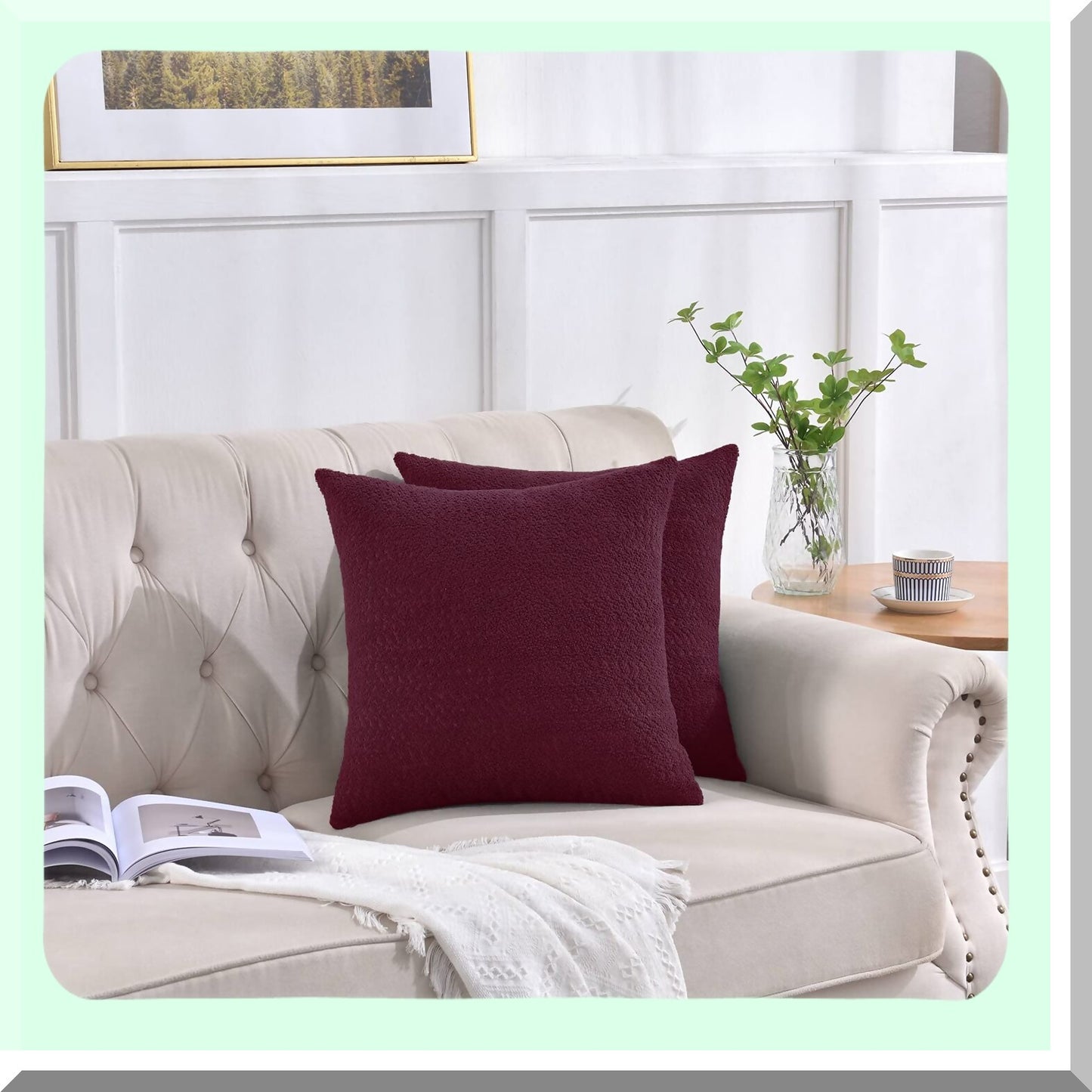 Boucle Bliss Decorative Pillow Covers - Set of 2 Elegant Accent Cases for Couch & Bed, Cozy Textured Throw Pillows 20"x20" Burgundy - Living Room Décor