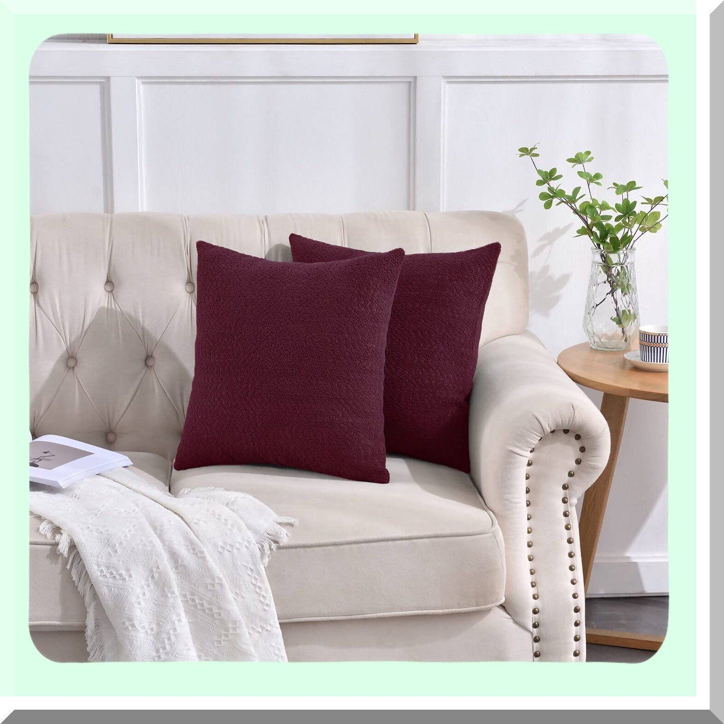 Boucle Bliss Decorative Pillow Covers - Set of 2 Elegant Accent Cases for Couch & Bed, Cozy Textured Throw Pillows 20"x20" Burgundy - Living Room Décor