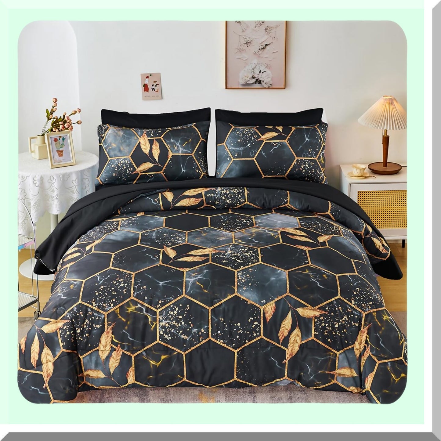Gold Hexagon Comforter Set - 7 Piece Queen Size Geometric Bedding with Black Sheets & Trim - Honeycomb Print Design for Elegant Bedroom Decor
