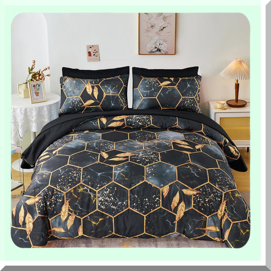 Gold Hexagon Comforter Set - 7 Piece Queen Size Geometric Bedding with Black Sheets & Trim - Honeycomb Print Design for Elegant Bedroom Decor