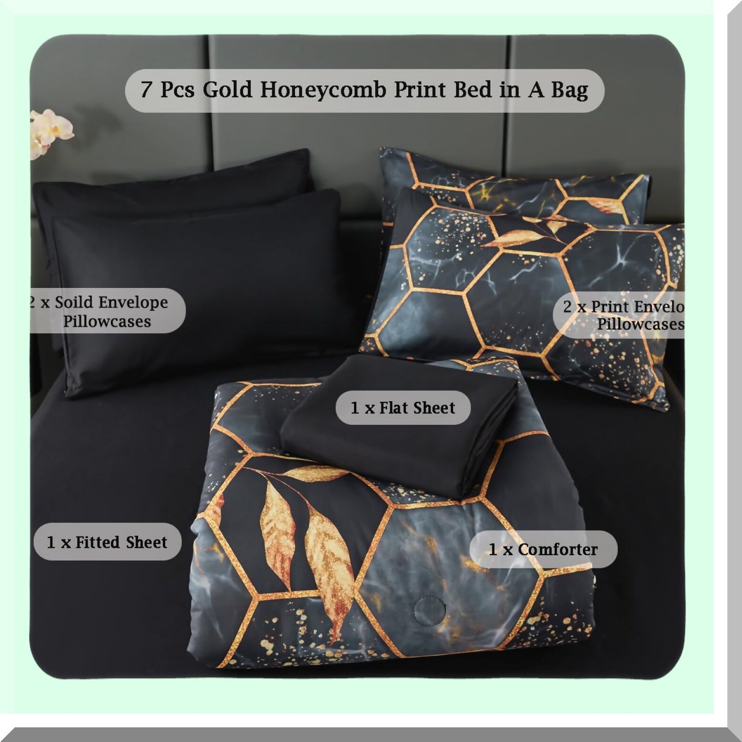 Gold Hexagon Comforter Set - 7 Piece Queen Size Geometric Bedding with Black Sheets & Trim - Honeycomb Print Design for Elegant Bedroom Decor